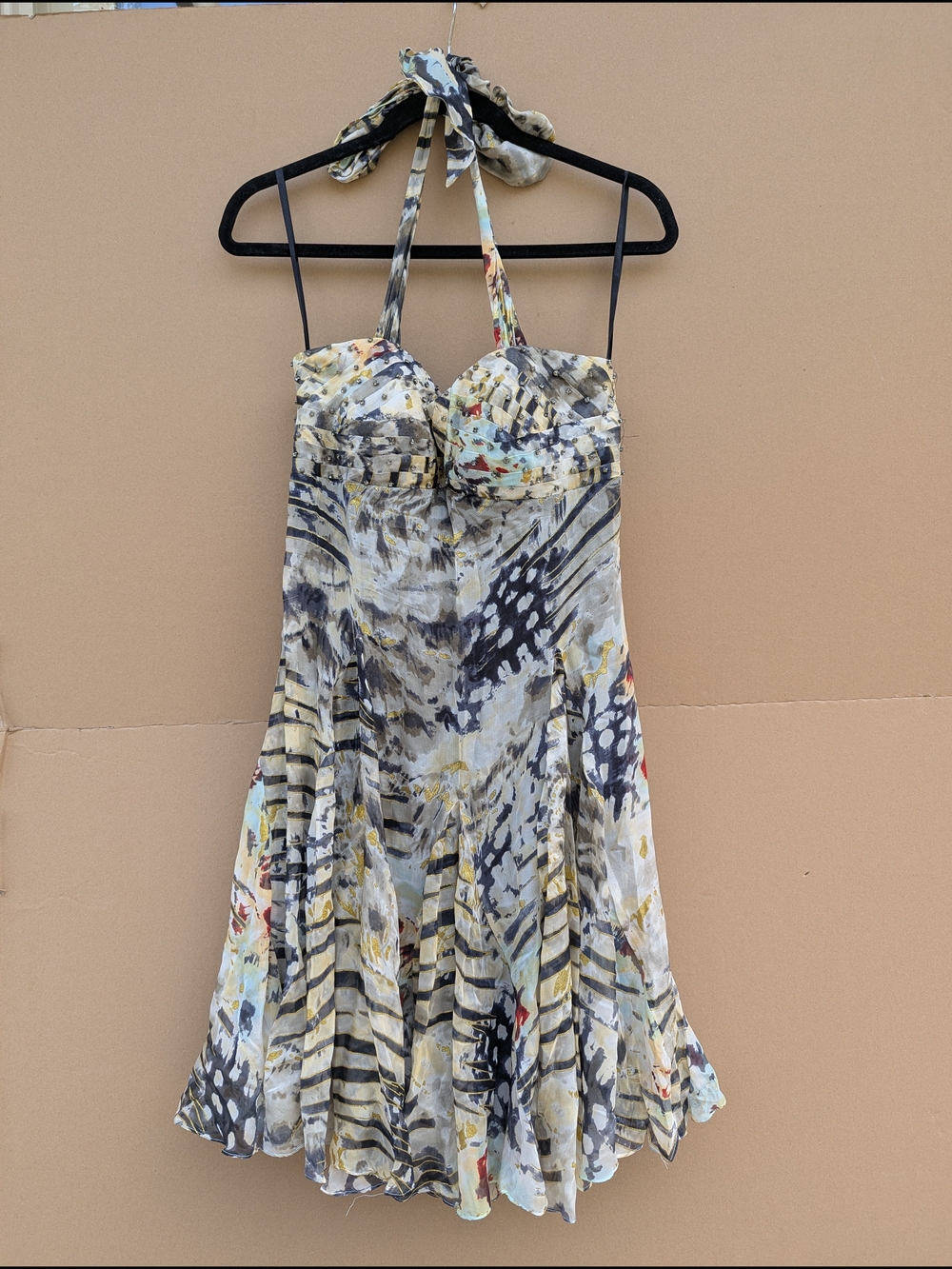 VTG Alberto Makali 100% Silk Fairycore Dress Sz 10 Halter Neck Y2K Rhinestone
